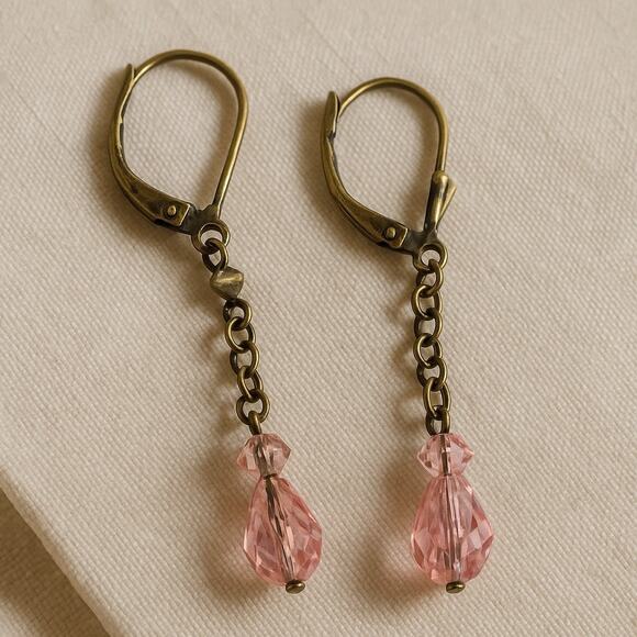 Vintage Pink Glass Earrings 2 Inch Bronze Dangle Boho Jewelry - Picture 2 of 8